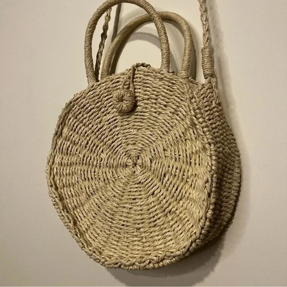 Beachy Boho Natural Woven Round Straw Satchel Crossbody Bag